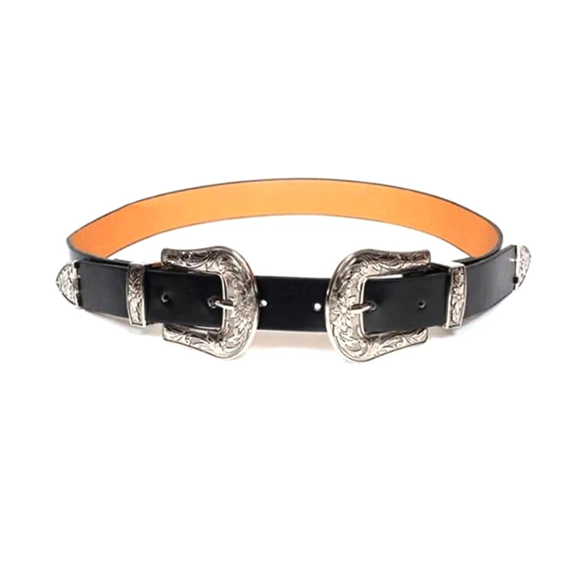 

New Korea Vintage Retro Carved Metal Wide Double Buckle Belt Adjustable PU Waistband Women Elastic Belt Trendy For Jeans Straps