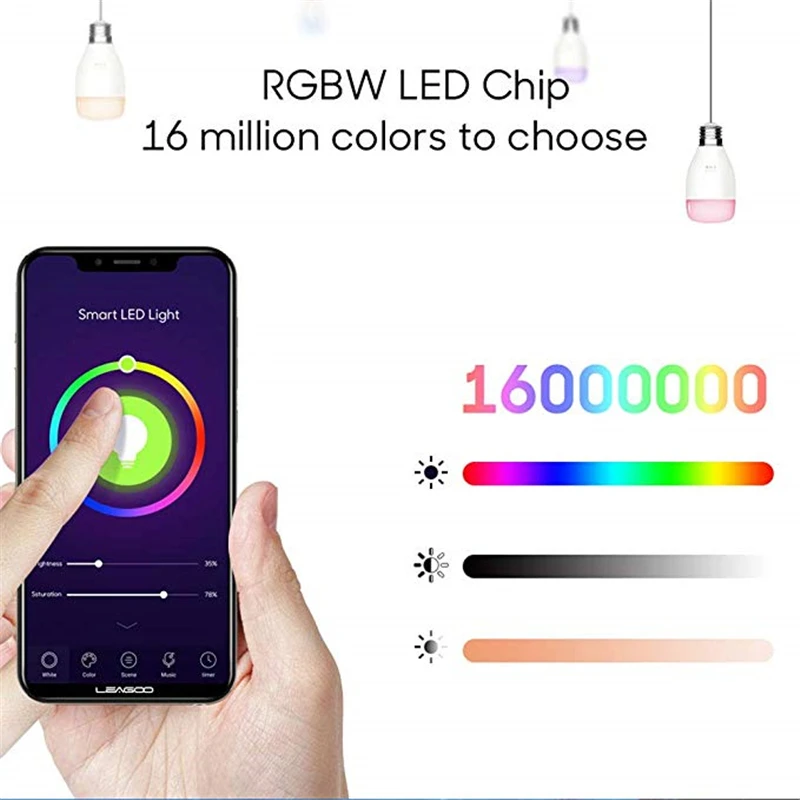LEAGOO Wi-Fi лампочка RGBW музыка Управление Функция Удаленная группа E27 7 Вт 50000hrs AC100-240V