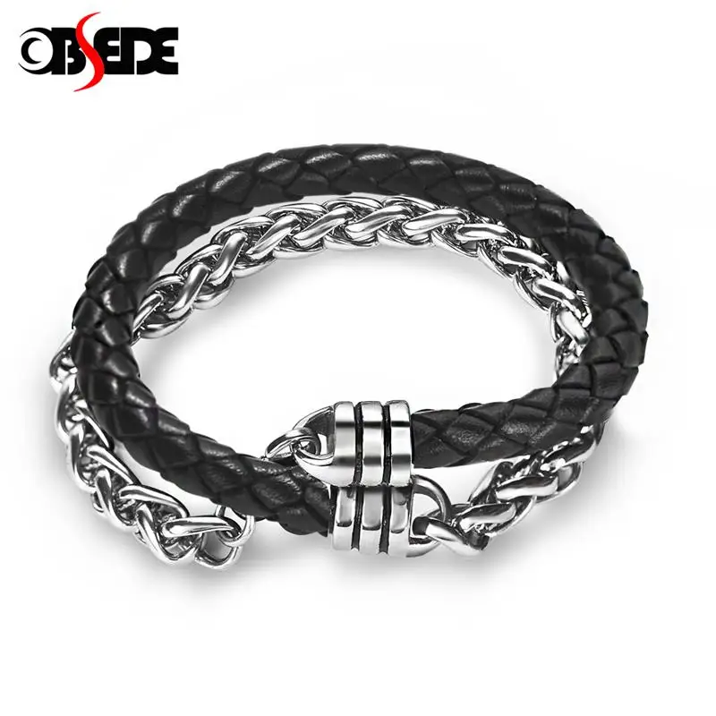 Мужской кожаный браслет с цепочкой OBSEDE из нержавеющей стали натуральным камнем