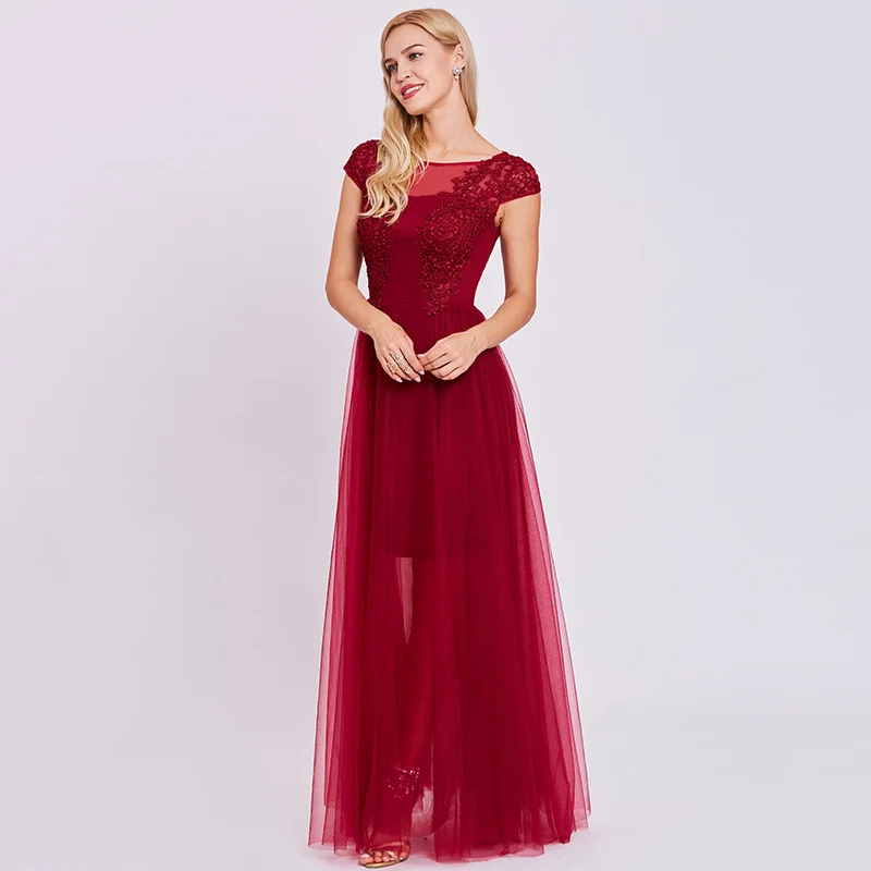 Длинное вечернее платье с аппликацией Tanpell Бордовое трапеция до пола коротким