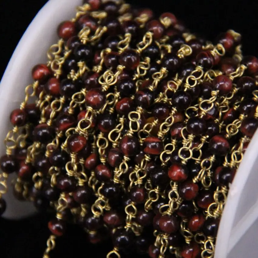 4mm Round Natural Stone Bronze Brass Wire Wrapped Chains Red Tiger eye Gems Rosary Style Bracelets Connector Jewelry | Украшения и