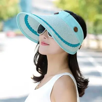 blue BINGYUANHAOXUAN, женские шляпы с большими широкими полями, летняя пляжная шляпа от солнца, шляпа с пуговицами, соломенная шляпа, летние шляпы для женщин, козырек с УФ-защитой - Цвет: blue