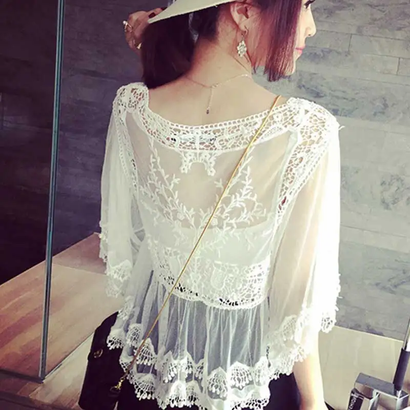 Женская ажурная кружевная блузка SESOAF белая Повседневная пляжная с круглым