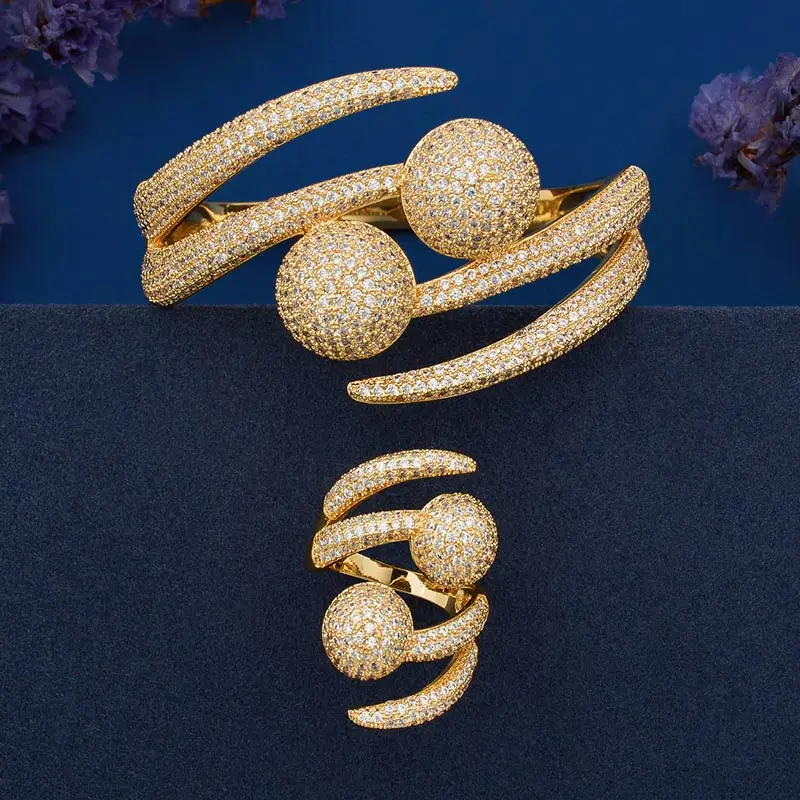 Gold Color ModemAngel роскошный большой шар полный Mirco проложить кубические циркониевые золотого цвета Женский Бренд Bijoux Модный браслет кольца наборы Вечерние - Окраска металла: Gold Color