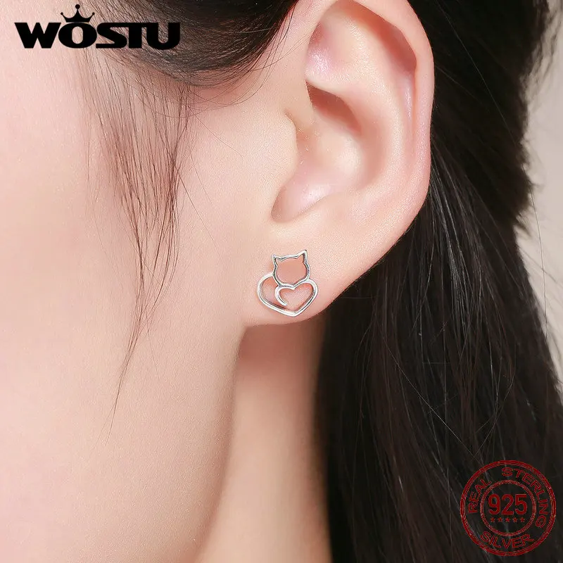 Женские серьги гвоздики WOSTU из стерлингового серебра 925 пробы с милым котом