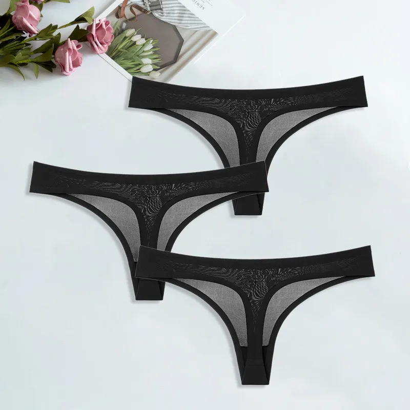 Black-3 pcs Шелк льда стринги для женский сексуальный бесшовный стринги трусики хлопок женское нижнее белье девушки бикини женские трусы нижнее белье 3 шт./компл - Цвет: Black-3 pcs