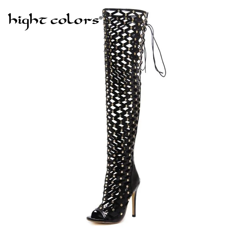 

New 2019 Summer Sexy Thigh High Boots Peep Toe Over The Knee Lace-Up High Heels Long Motorcycle Boots Black Women Shoes zg938