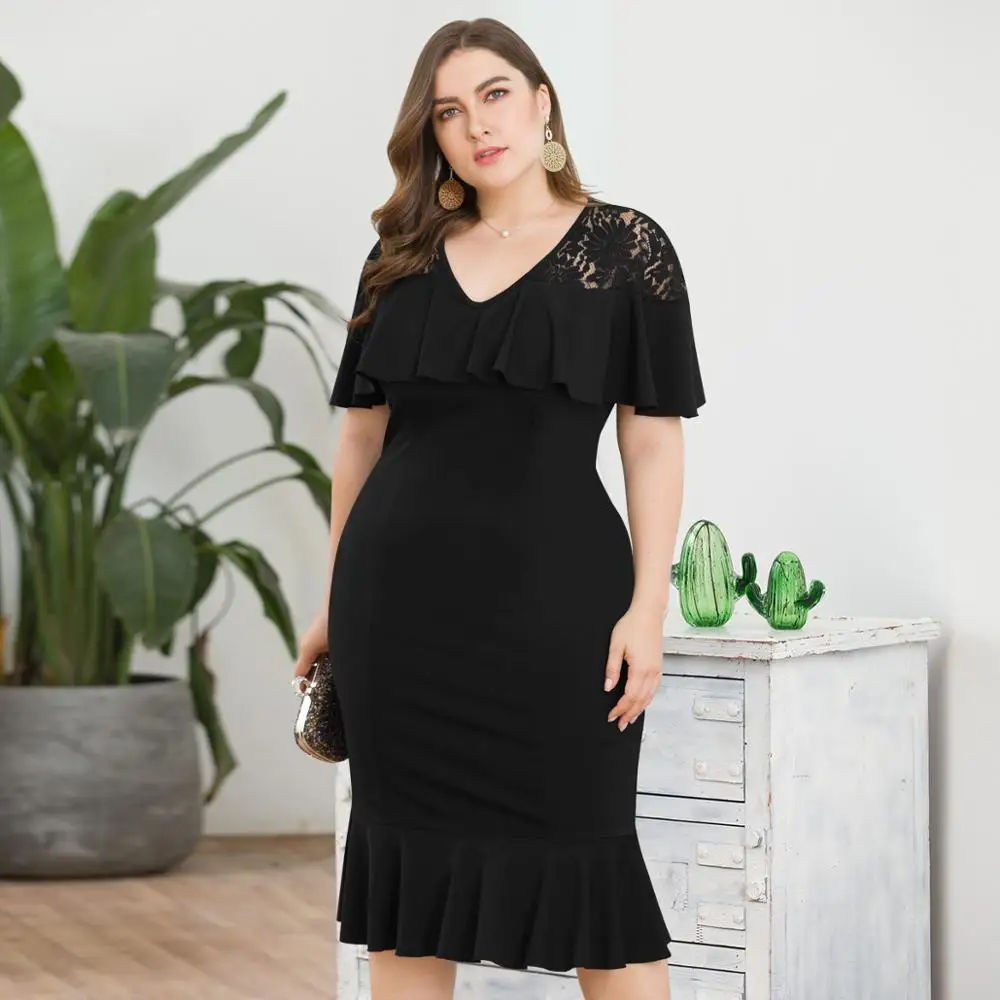 WHZHM/Большие размеры 3XL 4XL черное кружевное платье в стиле пэчворк женское с