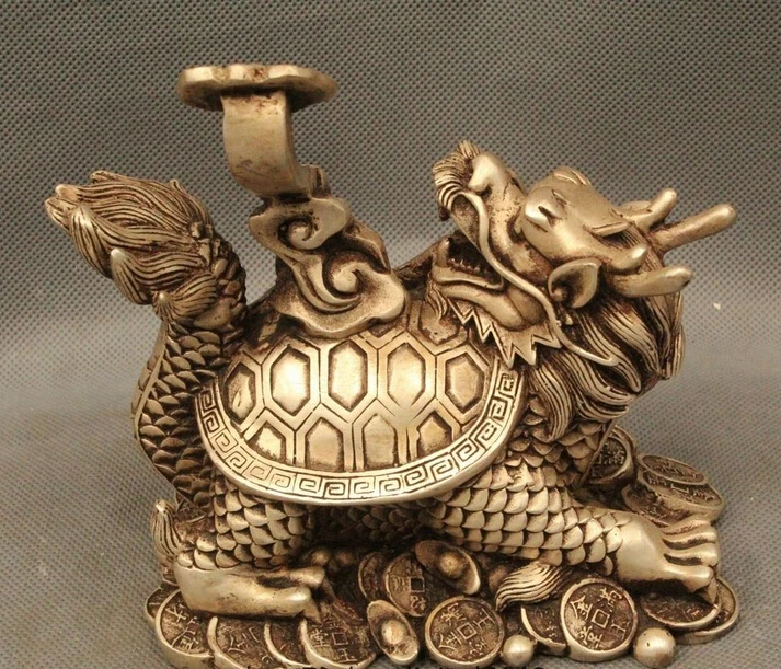 Lucky Chinese Fengshui Silver Money Coin Dragon Turtle tortoise Hold Ruyi Statue|statue woman|coin trickcoin stock |