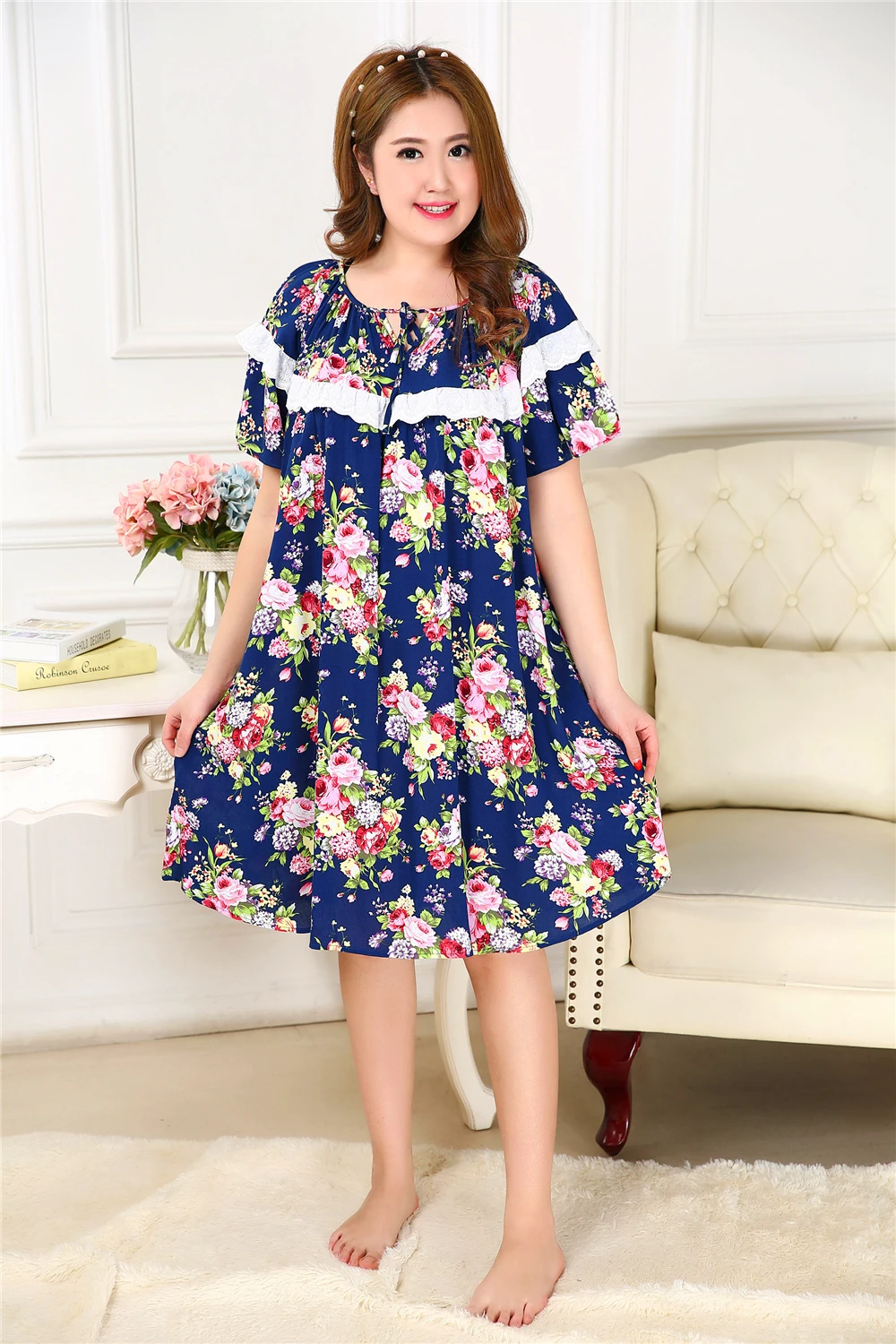 Женские летние Sleepdress плюс Размеры женский хлопок Sleepwea для жира взрослых Для Женщин Сплетенные Хлопок Homedress 4XL 5XL B-6684