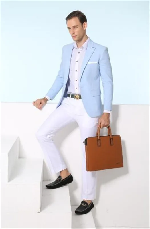 Светло-голубой пиковый мужской костюм с отворотом на заказ 2 предмета пиджак +