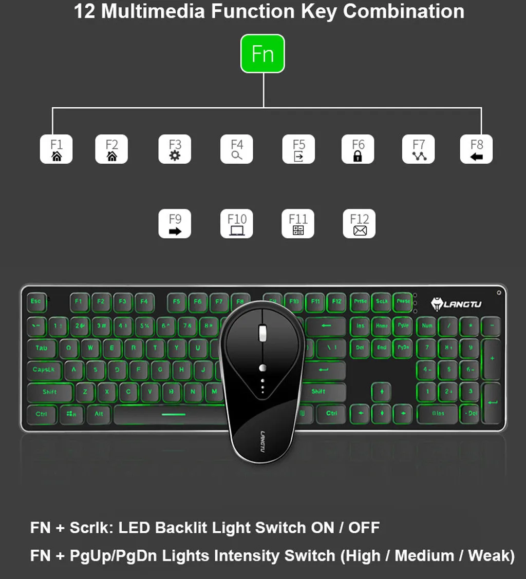 VOBERRY 2,4G беспроводной Перезаряжаемый светодиодный USB с подсветкой, Anthropological Game Keyboard And mouse Mute