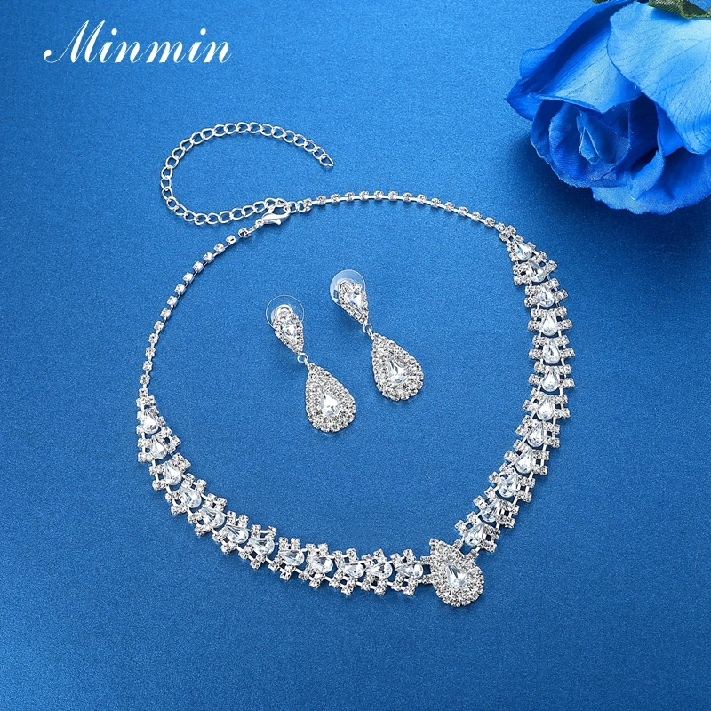Minmin Роскошный Серебряный Цвет Кристалл Свадебные Ювелирные наборы для женщин