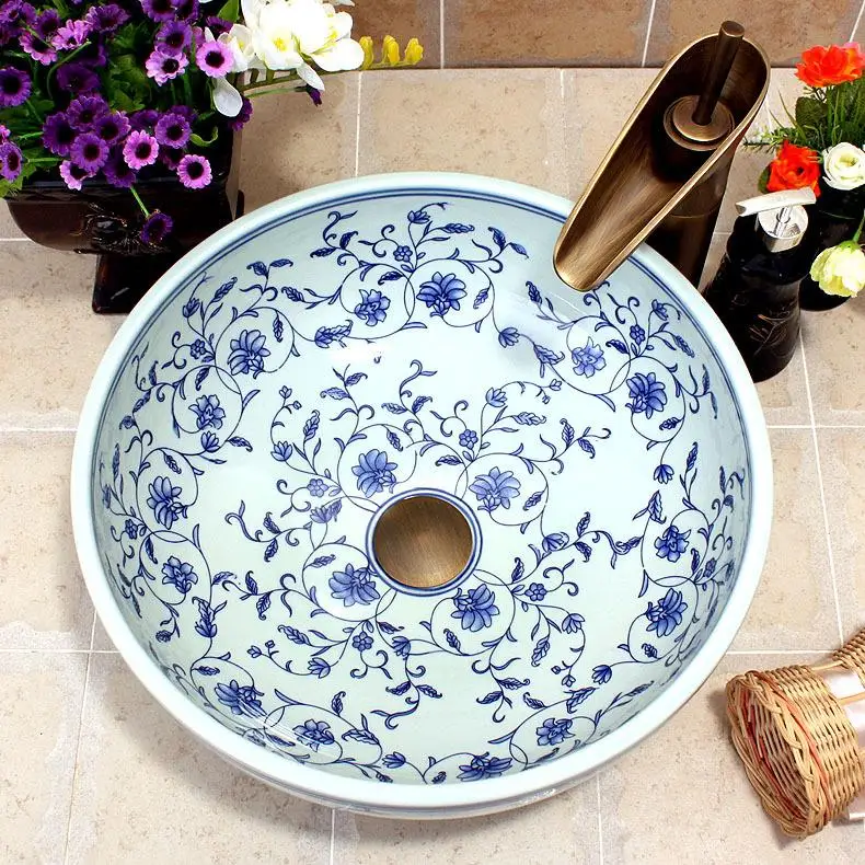Керамическая раковина Jingdezhen для умывальника ручной работы из розового синего и