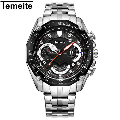 SILVER BLACK BLACK Модные спортивные TEMEITE часы мужские из нержавеющей стали ремешок Топ бренд класса люкс кварцевые наручные часы календарь водонепроницаемые часы - Цвет: SILVER BLACK BLACK