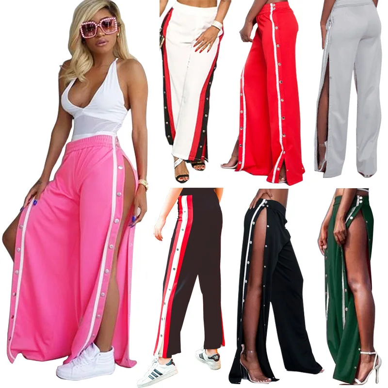 

Sexy Side Split Women Casual Pants Autumn Elastic Waist Button Loose Wide Leg Pants Fashion Beach Trousers Harem Pants Femme