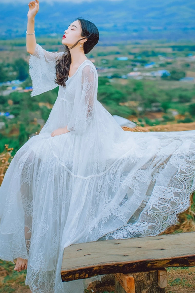 

White Beach Lace Dress Women Sexy V-neck 3/4 Sleeve A Line Summer Party Dress 2019 Sundress Vestidos