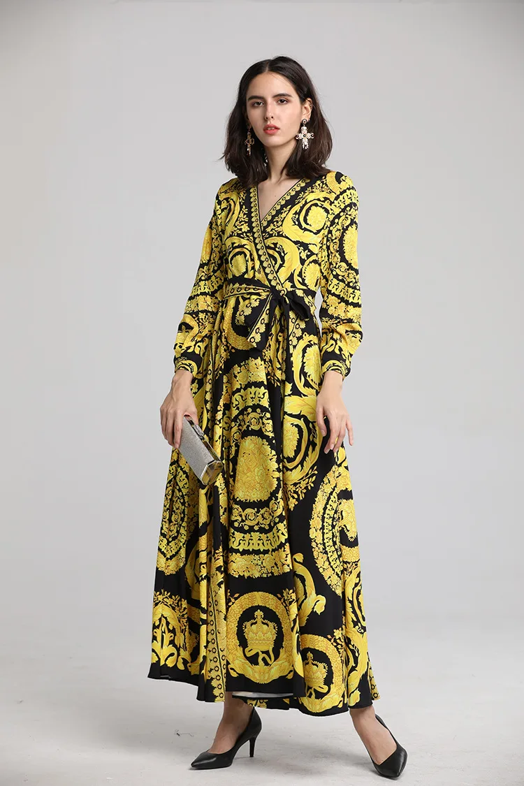 

New arrival OL V neck dress 2019 spring runway floral print long sleeves maxi dress Chic women vintage dress D825