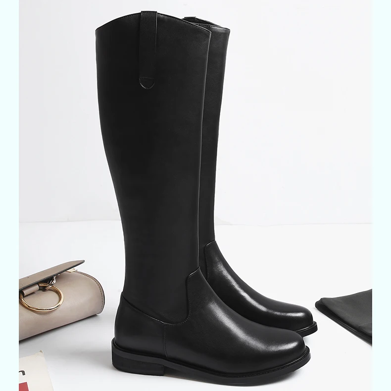 Winter Plush Boots For Women Genuine Leather Fashion Knee High Booties Lady Round Toe Rivet Female Heel Shoes Plus Size 42
