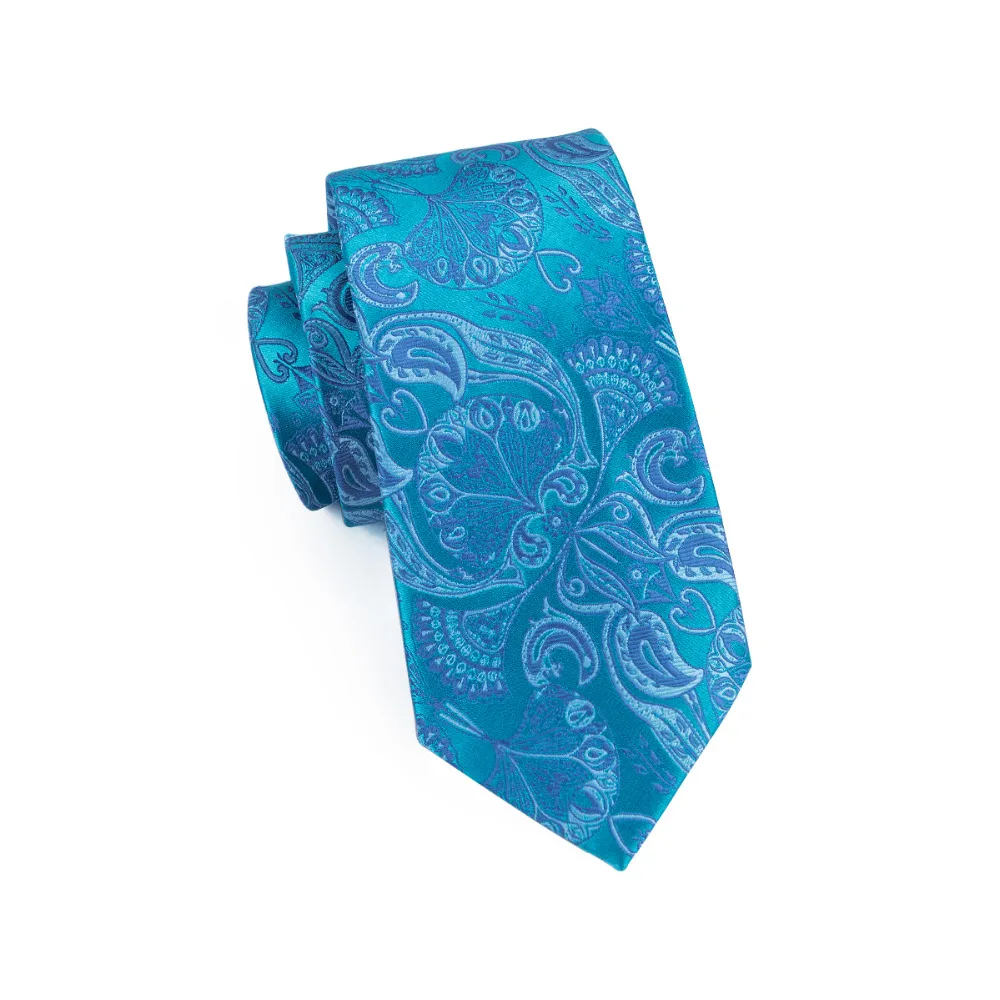 2017 Модный Синий Галстук Пейсли + носовой платок запонки 100% шелковый галстук для
