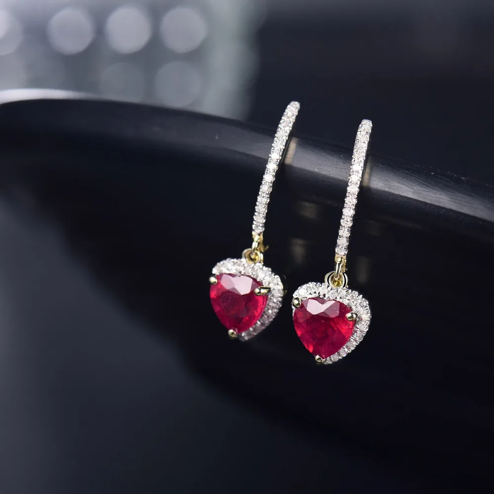 LOVERJEWELRY, Женские Ювелирные изделия, серьги-гвоздики, Ретро стиль, сердце, 6x6 мм, 14 к, желтое золото, бриллиант, модный подарок, красный рубин, серьги