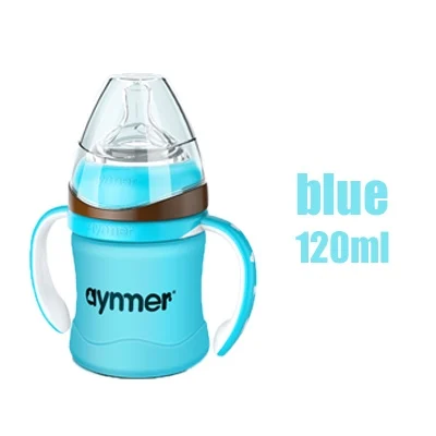 blue 120 ml 120 мл/220 мл детская стеклянная бутылка широкий калибр для новорожденных стеклянная бутылка ударопрочный защитный силиконовый чехол с ручкой - Цвет: blue 120 ml
