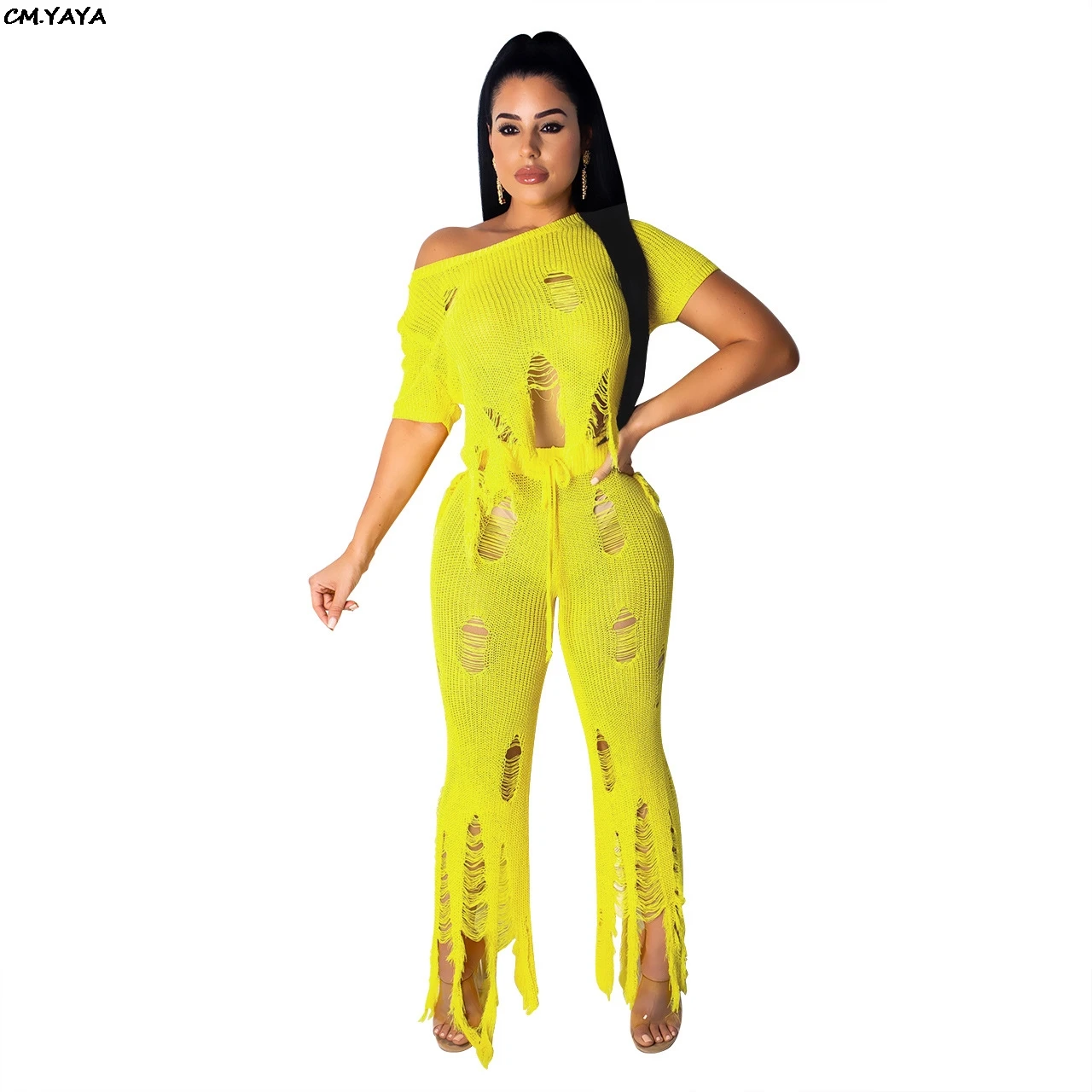 Женский костюм двойка с бахромой свитер вырезами и коротким рукавом брюки