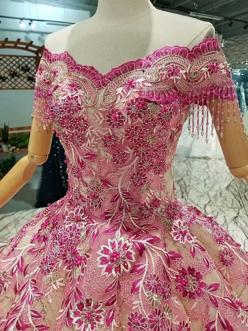 

High quality fuchsia gold off-the-shoulder glitter net embroidery short sleeves latest wedding gowns 2018 ball gown skirt