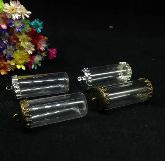 

300pcs 28*12mm clear jar tube vase shape glass wishing bottle with crown tray glass vial pendant fashion necklace diy glass dome