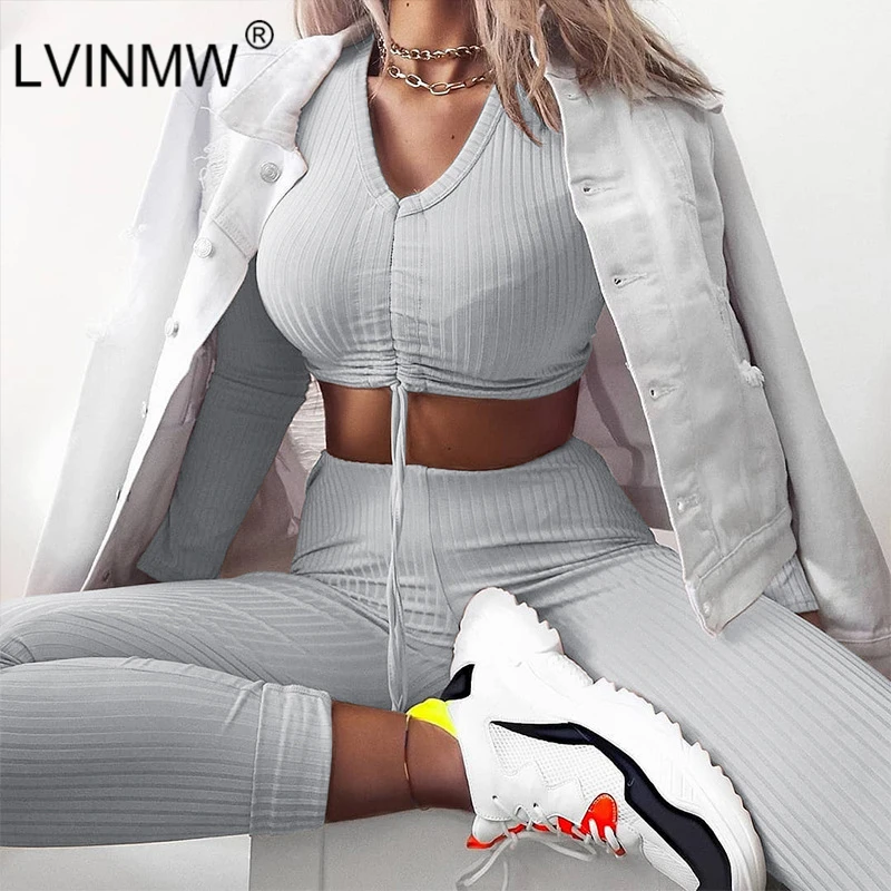 

LVINMW Gery Casual Knitted Tow Piece Sets V Neck Drawstring Long Sleeve Slim Crop Top Skinny High Waist Pants Female Streetwear