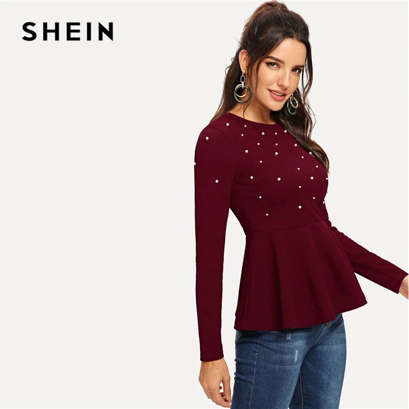 SHEIN Однотонный Топ С Баской И Бусинами, Нарядная Блуза С Длинными Рукавами