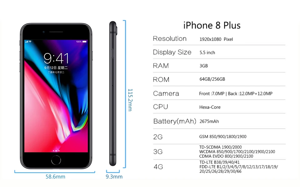 Apple iphone 8 плюс гекса Core iOS 3 GB Оперативная память 64/256 GB Встроенная память 5,5 дюйма телефона 12MP отпечатков пальцев 2691 mAh LTE мобильный телефон