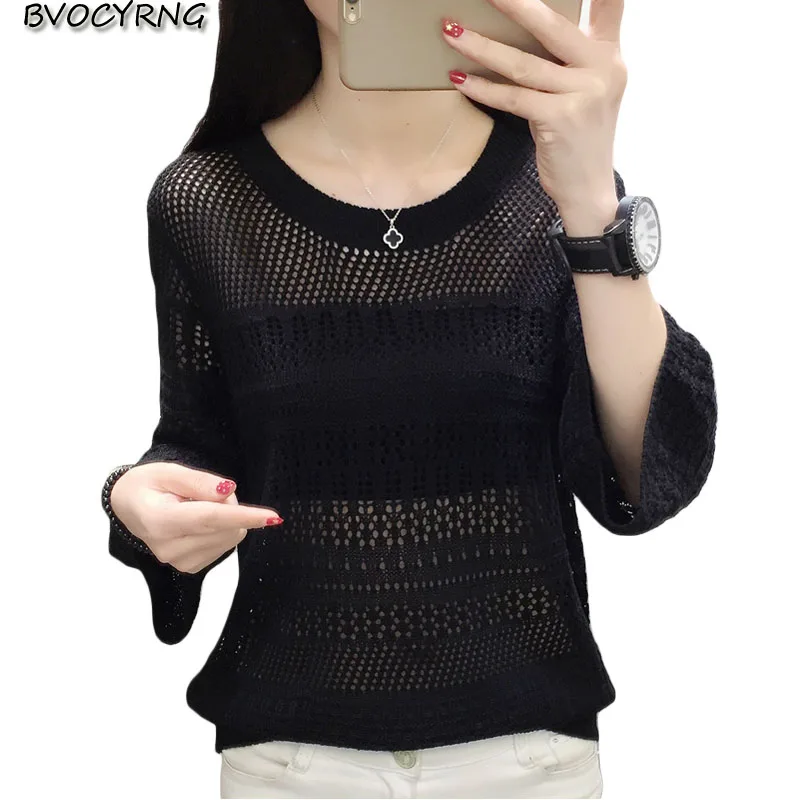 Весенне-летние вязаные топы с круглым вырезом короткий пуловер рукавом три