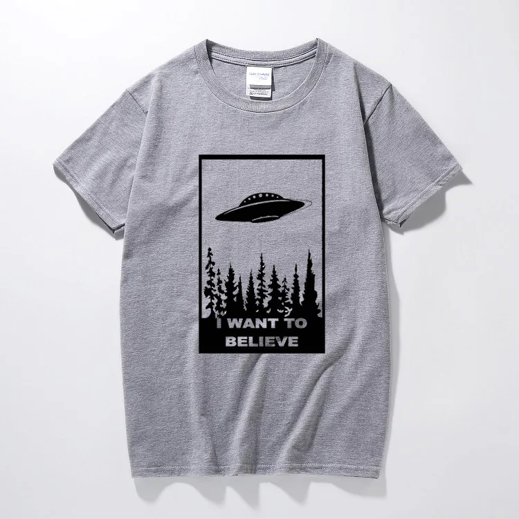 Серый Футболка с надписью «I Want to Believe», забавная футболка, sci fi, ufo, space x fiction, файлы с инопланетянами, хлопковая футболка с короткими рукавами, camisetas hombre - Цвет: Серый