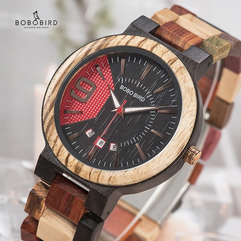 

Relogio Masculino BOBO BIRD Men Watch Wood Timepiece Auto Date Colorful Band Military Wristwatch Gift Wooden Box To Father