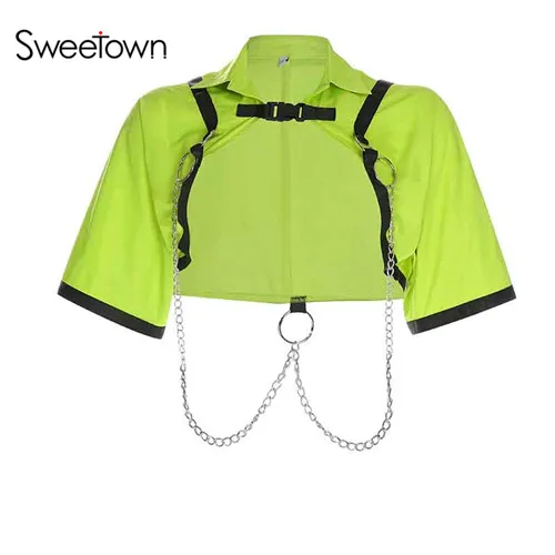 yellow Sweetown панк готический неон цвет укороченный жакет Wpmen уличная одна кнопка Лоскутная металлическая цепь короткий рукав летнее пальто женское - Цвет: yellow