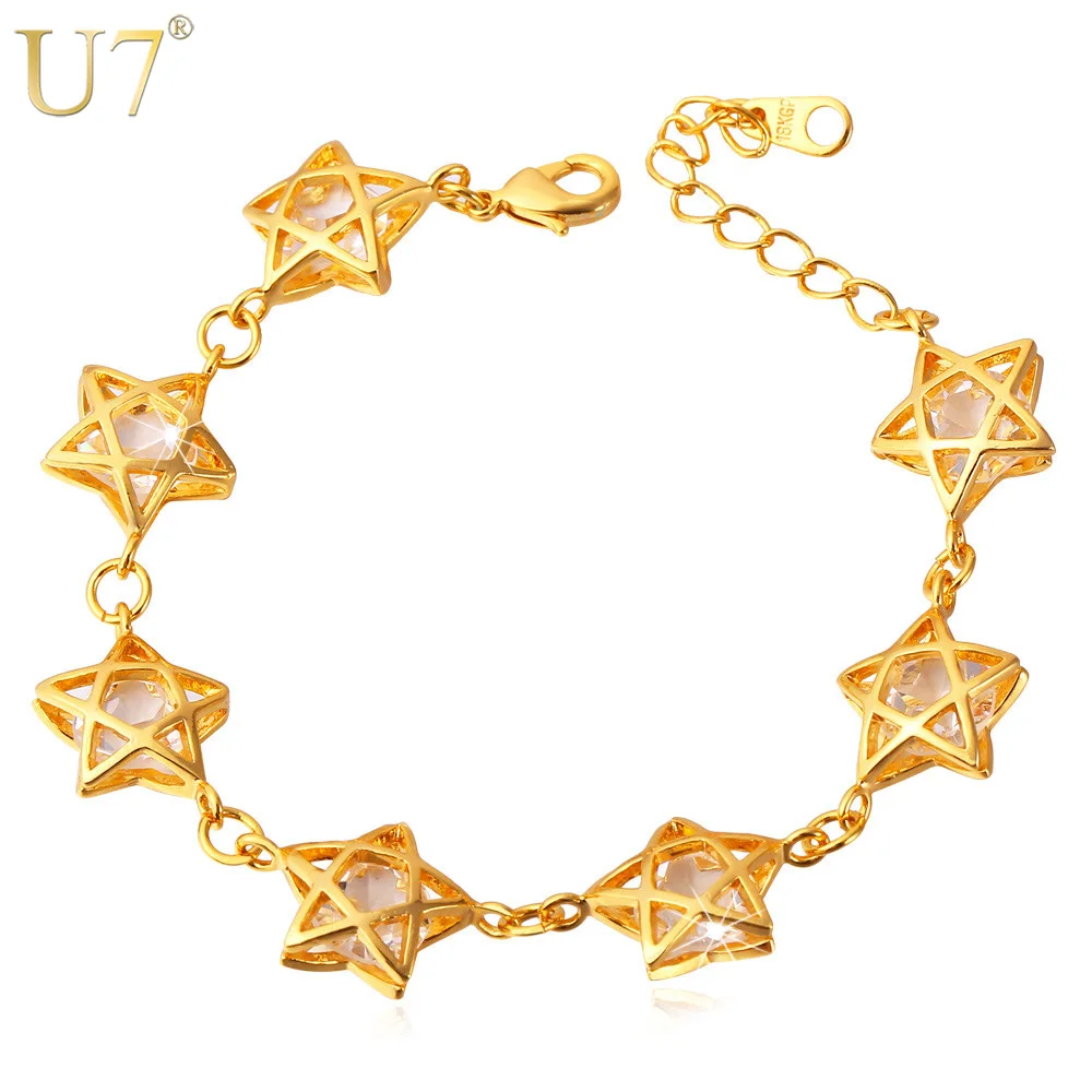 U7 Звезда браслеты для женщин ювелирные изделия позолоченные блестящий цирконий
