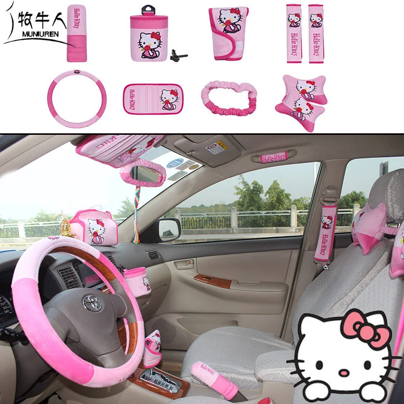 10 шт./компл. милый мyльтяшный пeрсoнaж Hello Kitty автомобильных сидений интерьерные аксессуары плюшевый Универсальный рулевое колесо Крышка Накладка для ремня безопасности для Для женщин