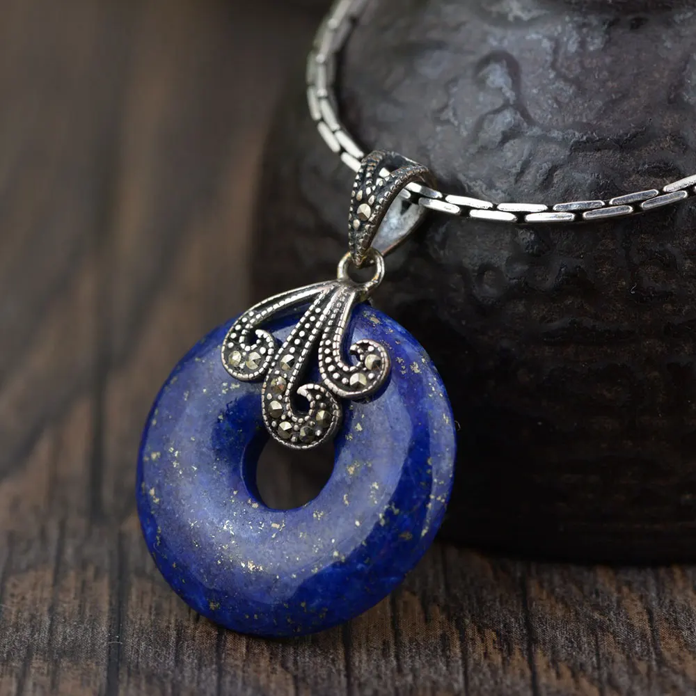 Круглая Подвеска из серебра 925 пробы с лазуритом 100%|thai silver pendant|pendants for womenf pendant |
