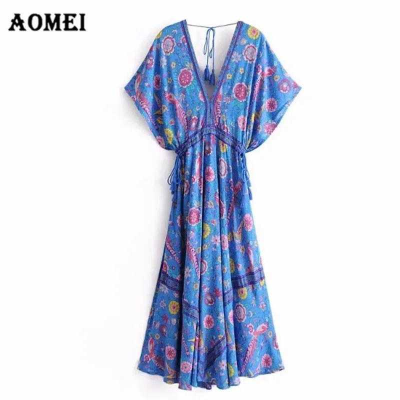 Женское платье богемный Летний Пляжный Boho с v образным вырезом и открытой спиной