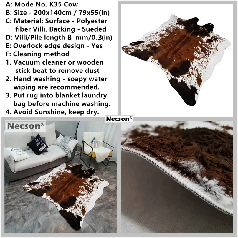 K35browncow200x140cm Ковер из воловьей кожи с полосками зебры белый тигр леопард искусственный мех ворсинки черный медведь коврик овца Подушка коричневый ворс пальто Прямая поставка - Цвет: K35browncow200x140cm