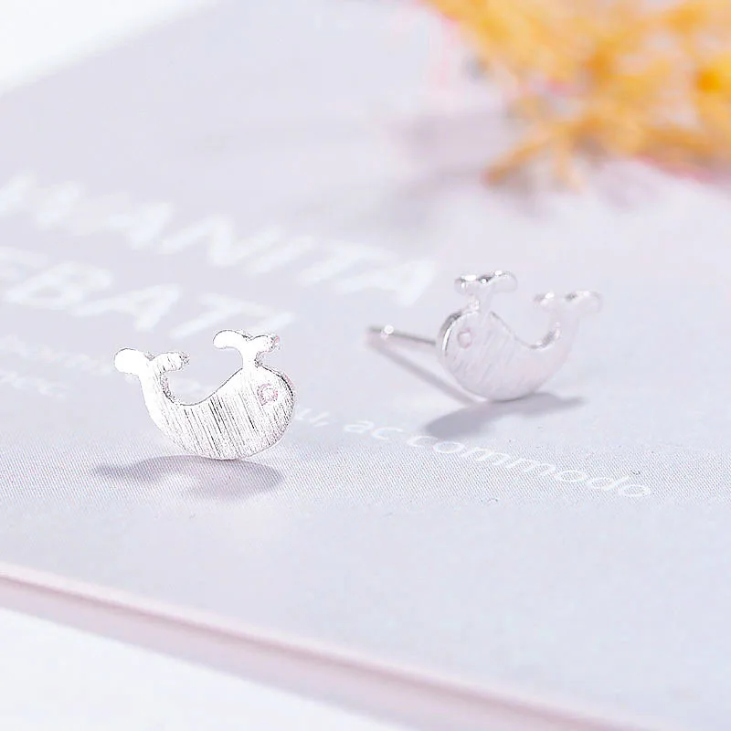 

FENGLI Trendy Silver Color Small Whale Stud Earrings for Women Boho Brushed Classic Animal Earring Jewelry Party Gift