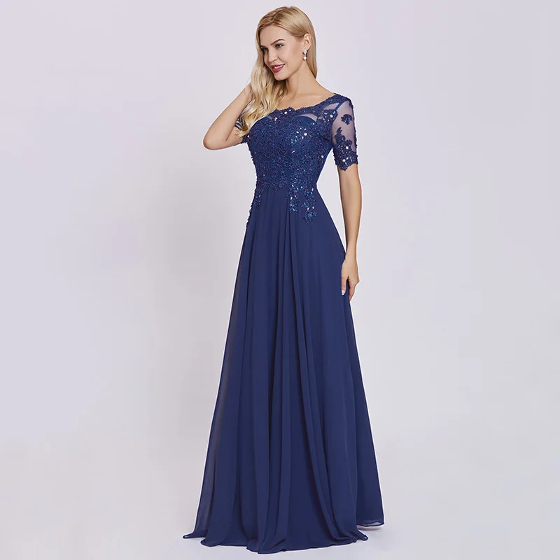 Tanpell Dark Royal Blue Long Evening Dress Lace Beaded O Neck Short Sleeves Women Formal Prom Dresses Robe De Soire 2019 | Свадьбы и