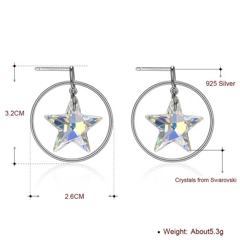 Женские серьги подвески с полым кольцом и кристаллом Swarovski из стерлингового