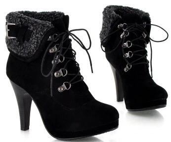 XingDeng/Женские Ботинки martin; botas femininas; мотоботы; большие размеры 34-43; зимние женские плюшевые ботильоны из флока на высоком каблуке - Цвет: black