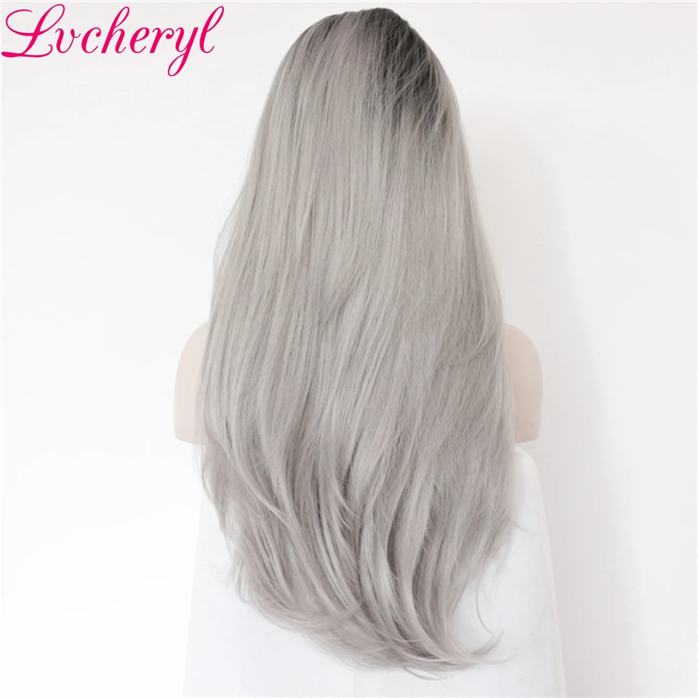 Lvcheryl Ombre Серый Глубокий L пробивая естественная длинная волна ручной вязки термостойкие синтетические кружева передние парики для женщин