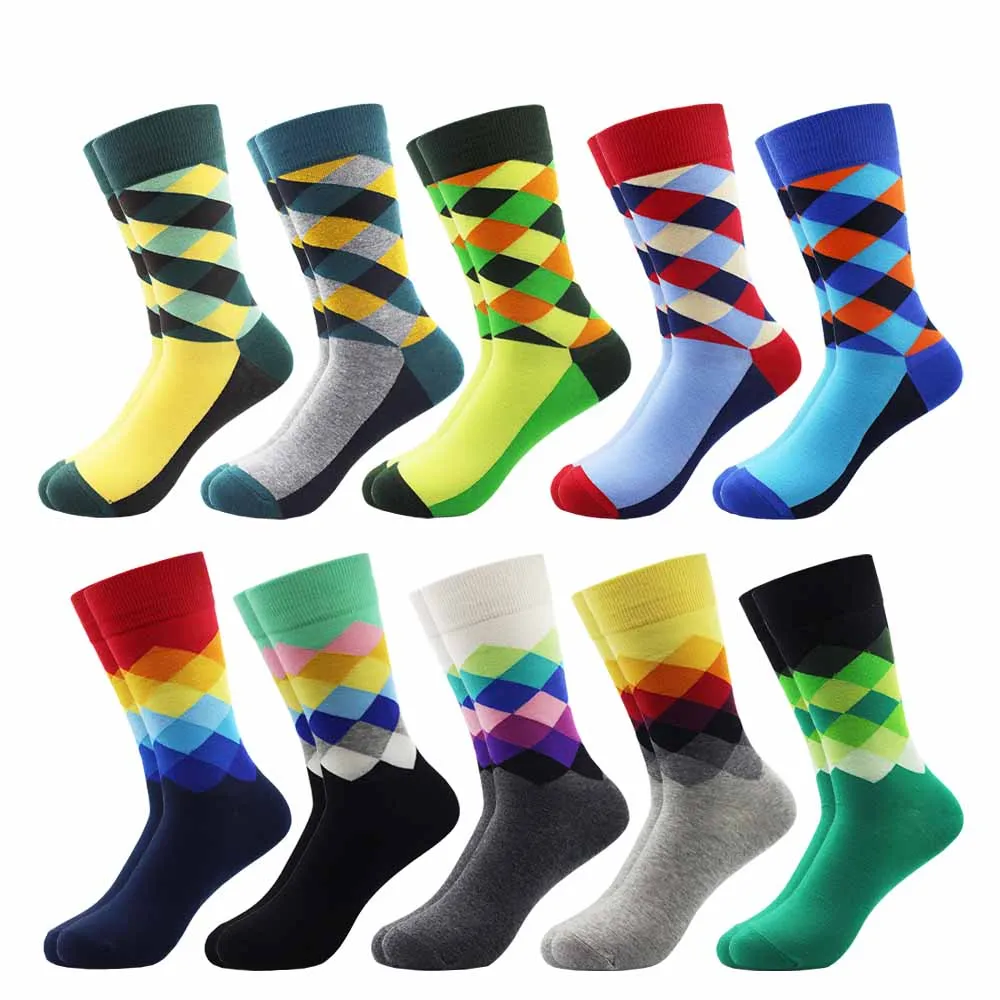 10 Pairs/lot Men's Colorful Striped Dot Combed Cotton Socks Funny Multi Set Dress Casual Crew Socks Happy Skateboard Socks