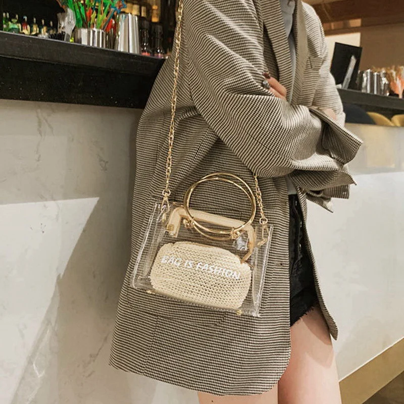 Соломенная пляжная сумка Прозрачная желе пакет Кольцо Мини Портативный мешок