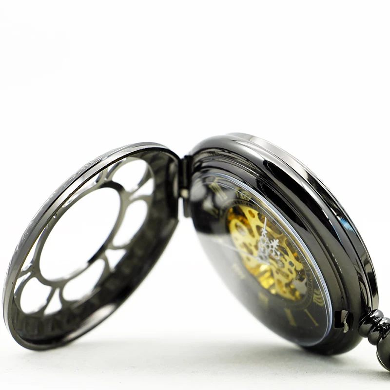 Black Magic Pattern Hollow Quartz Pocket Watch Retro Steampunk Manual Winding Watch Men's Fob Chain Accessories Gift Clock
