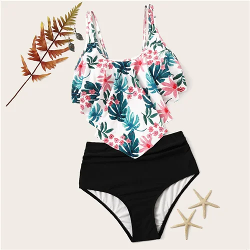 COLROVIE лист носовой платок с принтом Ruched Топ с высокой талией Boho цельный купальник женский бикини Летний Пляжный купальный костюм - Цвет: Черный
